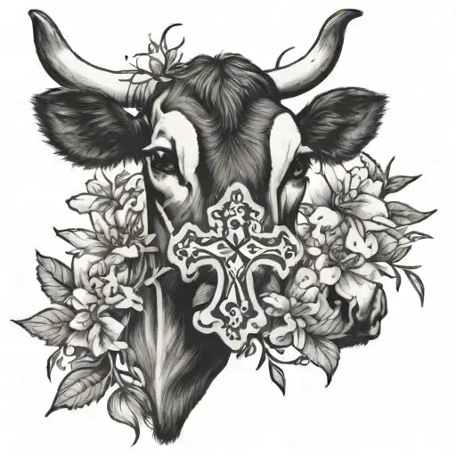 Cross And Wildflowers Intertwined With Cow Print Inside