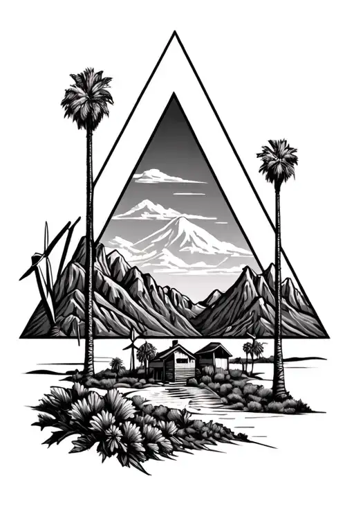 Palm Springs Mountains And 3 Triangles Add Windmills And Palm Trees
