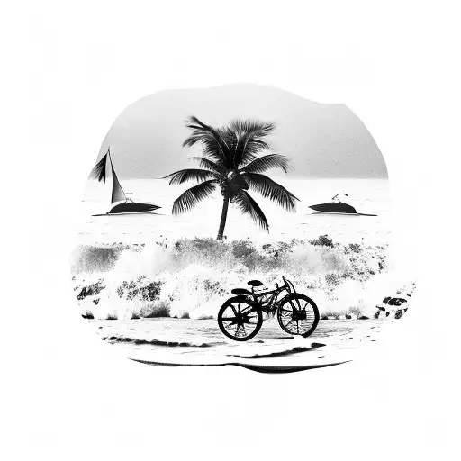 A Beach Scene With Musical Notes In The Form Of Crashing Waves And A Bike Parked By A Palm Tree