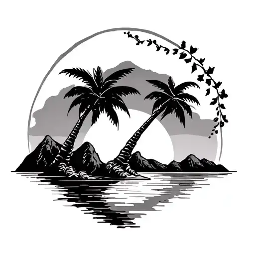 Sunset With 2 Palm Trees And Mountains With Some Vines