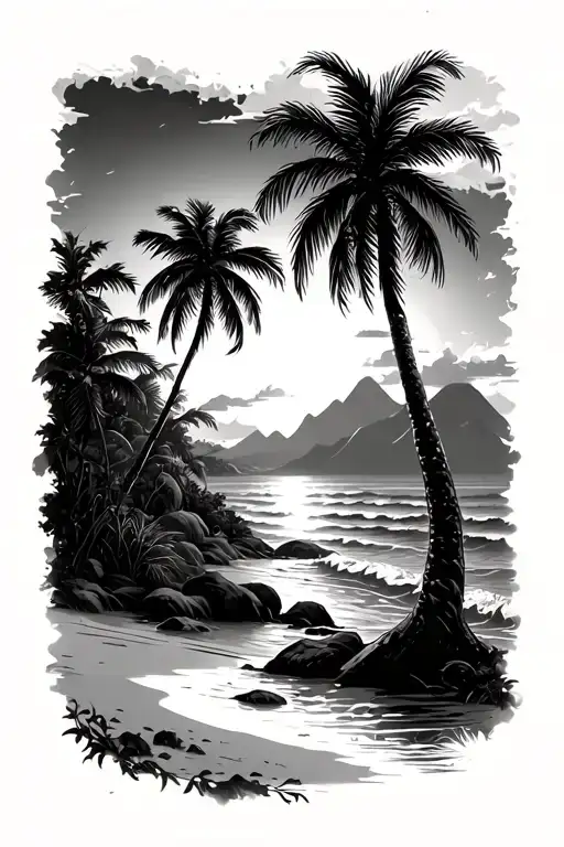 Sunset With 2 Palm Trees On A Beach And Mountains With Some Vines