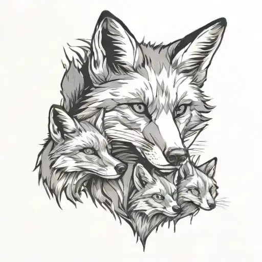 Half-torn Fox With Five Cubs With Shreds In Mouth In The Forest