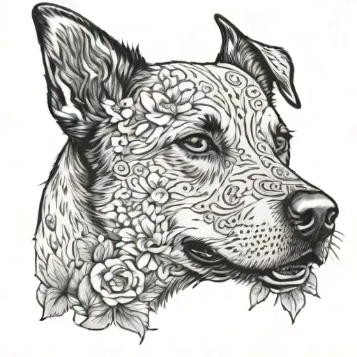Austrailian Cattle Dog Blue Heelr Realisim With Flowers Around Face Portriat