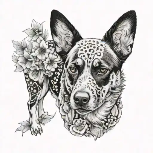 Austrailian Cattle Dog Blue Heelr Realisim With Flowers By Face Portriat