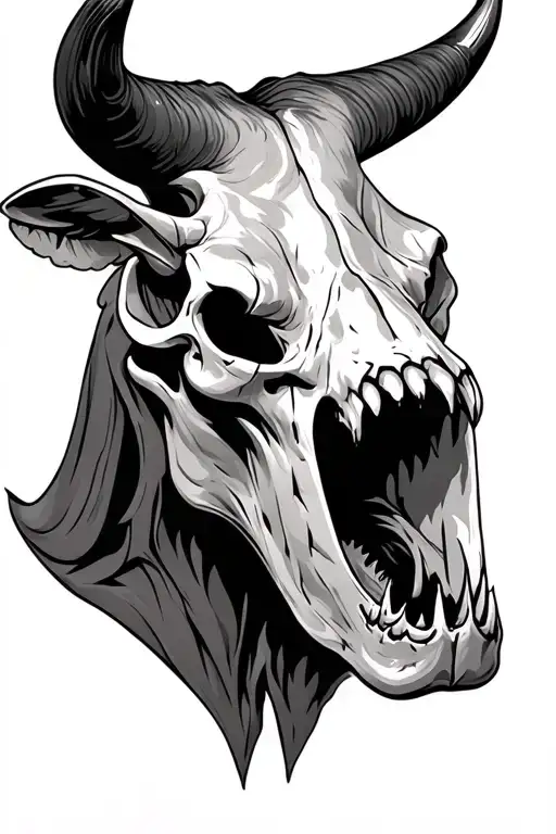 Side Profile Of A Bull Skull With Open Mouth And Demonic Eyes