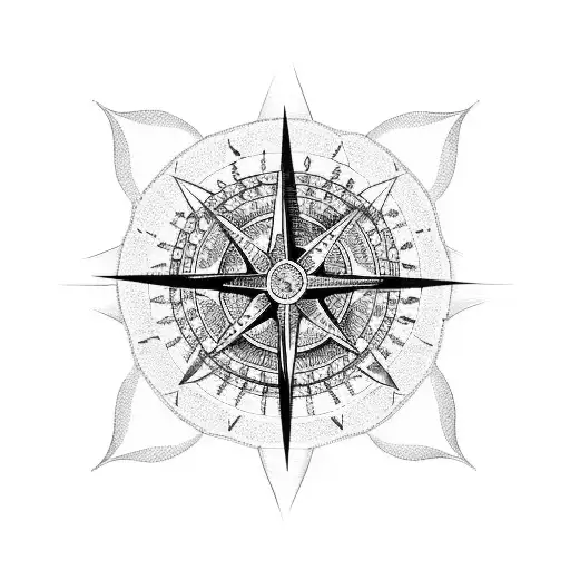 A Dotwork Design Of A Compass Rose With Intricate Floral Patterns Surrounding It