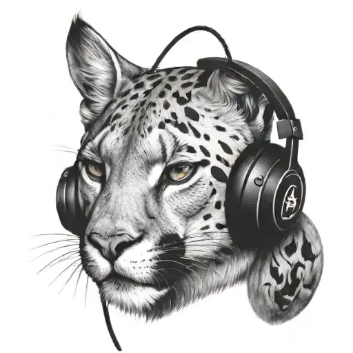 A Realistic Portrait Of A Puma Wearing Headphones And Surrounded By Electrical Symbols