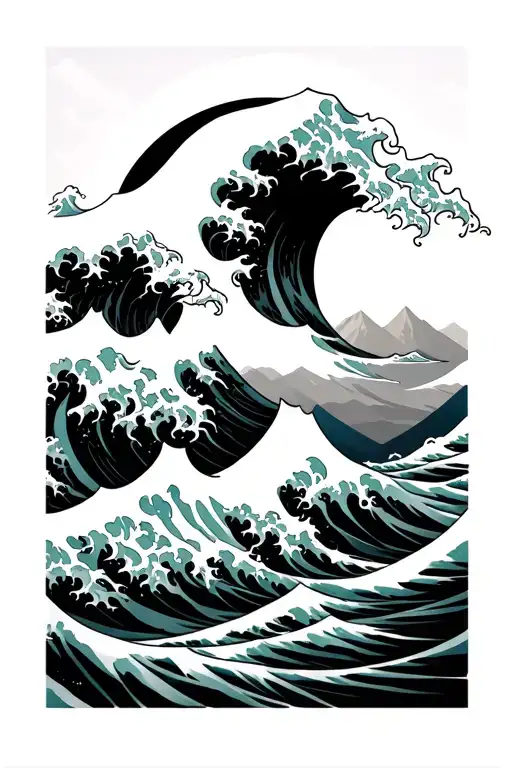 The Great Wave Crashing With A Mountain Below It