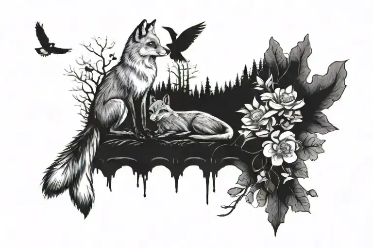 A Fox Sitting Next To A Crow With A Forest Background Surrounded By Morel Mushrooms And Flowers