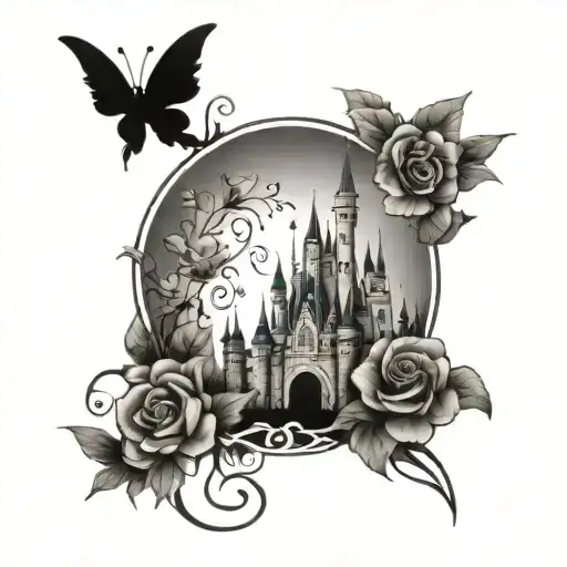 Disney Castle With Flowers And Tinkerbell Sitting