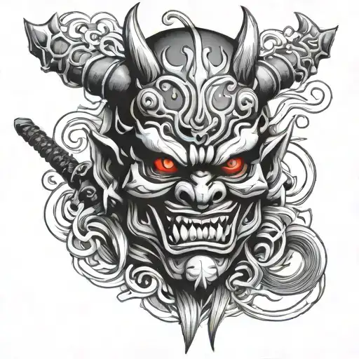 Japanese Demon Mask With Katanas In Mounth