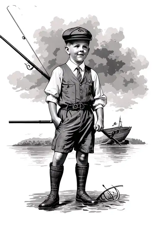 1950S British School Boy Holding A Fishing Rod Full Body