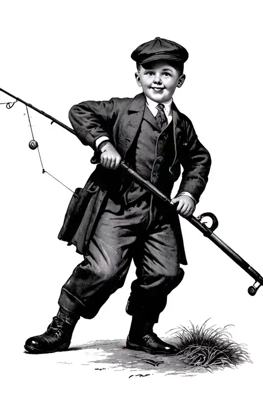 1950S British School Boy Holding A Fishing Rod Full Body Not Smiling