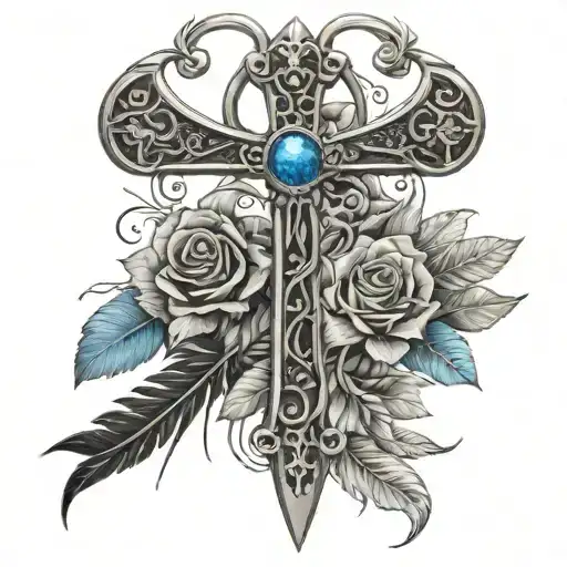 Ankh On A Bed Of Roses With Blue Accent And Feathers