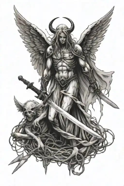 Barb Wire Falling Angel Holding A Sword To A Demon