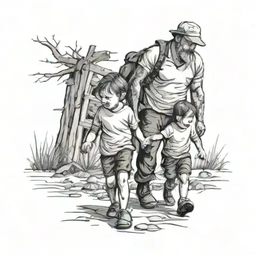 Father With Two Small Children Walking