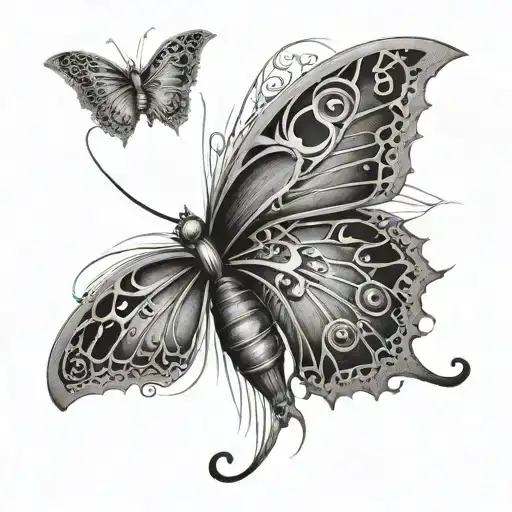 An Intricate Black And Grey Tattoo Of A Butterfly Morphing Into A Medical Technology Device