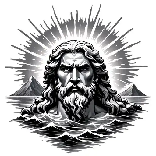 The Zeus Character With Rays In The Sea And Mountain