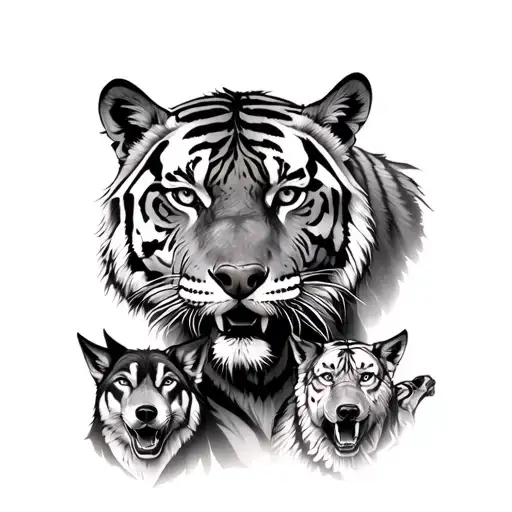 Tiger Surrounded By Wolves