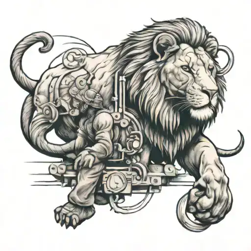 A Black-grey Tattoo Of A Lion And Elephant Working Together As Electricians