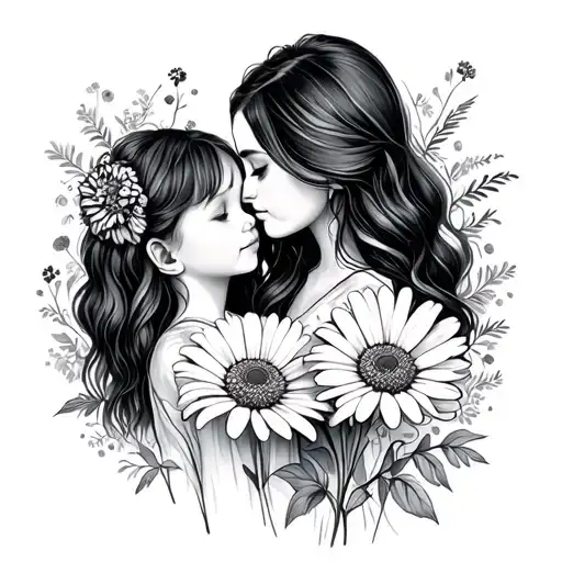 Mother And Daughter With Marigold And Daisy Fine Line