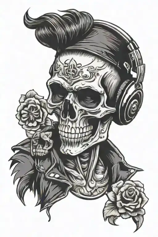 Oldtimer Rockabilly Skull Wearing Headphones