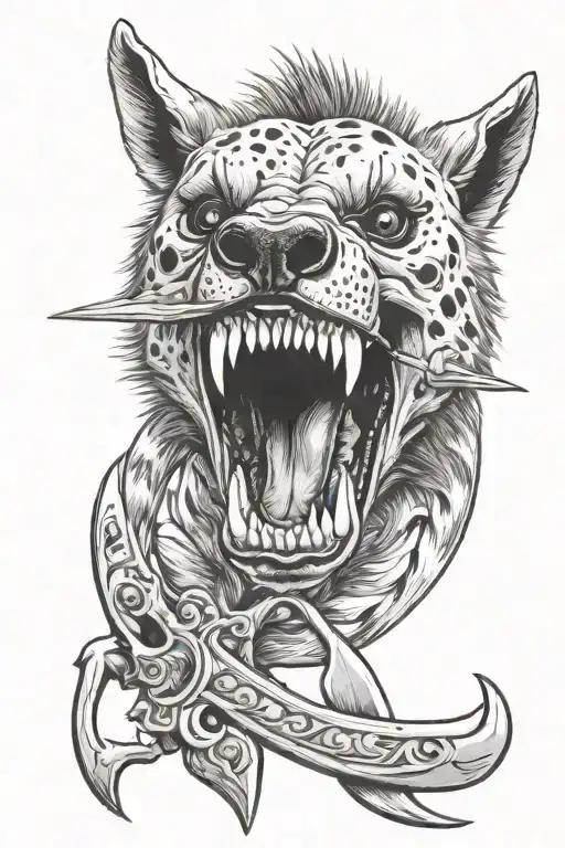 Hyena Skull With Dagger Going Through Mouth Open