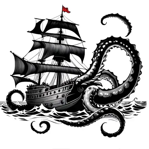 Kraken And Old Ship Sailing Through Stormy Seas