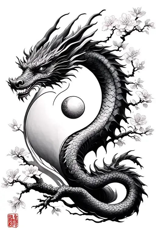 Samurai Dragon Yin Yang Cherry Blossom Tree