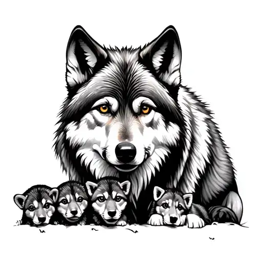 Wolf With Cubs