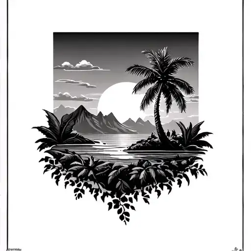 Palm Tree With A Sunset On An Island With Mountains In The Background And Vines On The Bottom