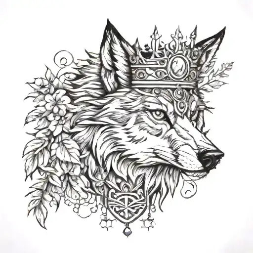 Neo Traditional Wolf Head Wearing Crown With Nature Scene Underneath