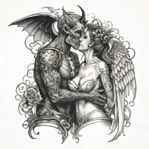 Couple Tattoo Demon And Angel Kissing In The Elevator And