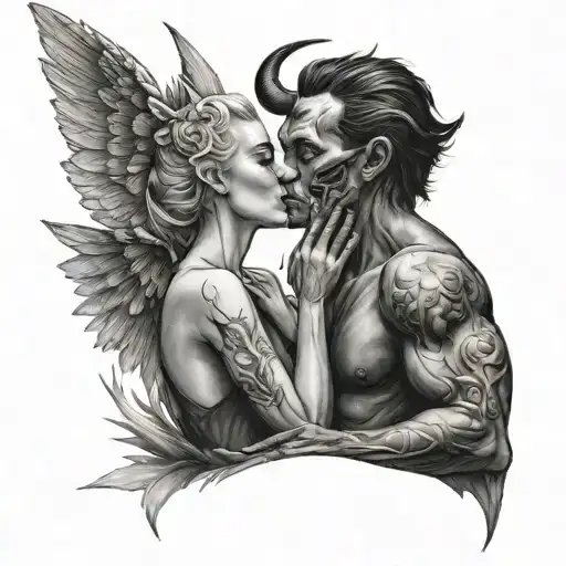 Couple Tattoo Demon And Angel Kissing In The Elevator And