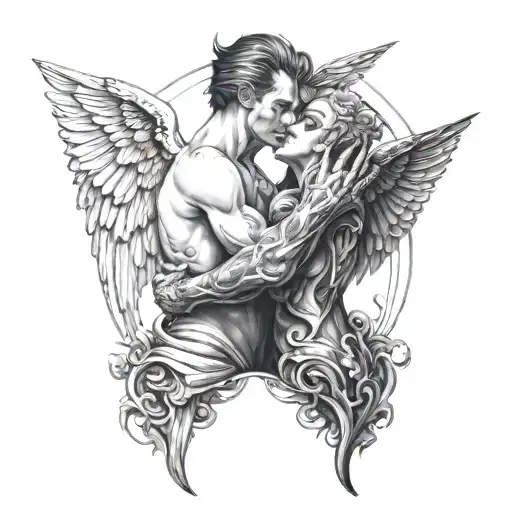 Couple Tattoo Demon And Angel Kissing In The Elevator And