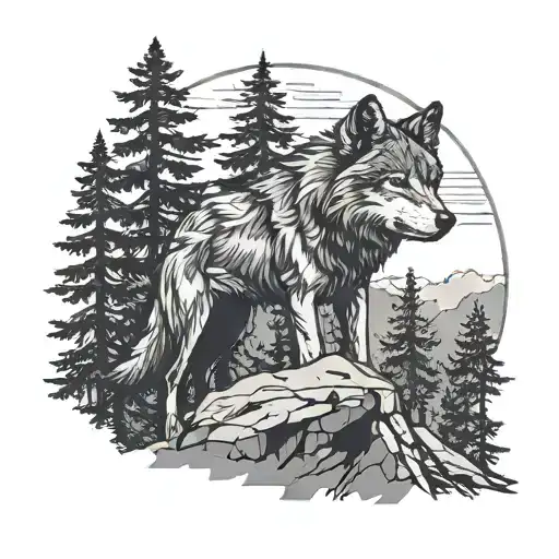 Silhouette Of A Wolf On A Cliff In The Forest