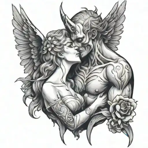 Couple Tattoo Demon And Angel Kissing