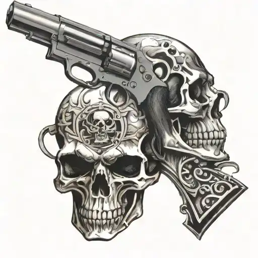 Two Revolvers Crossed Behind A Skull