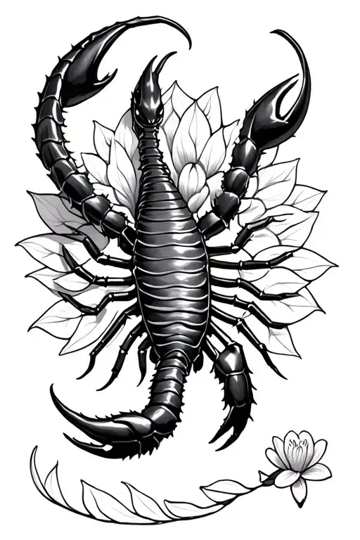 Black And White Dangerous Scorpion With A Huge Tail That Holds A Flower Of Life