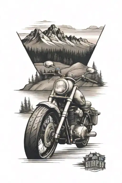 Motorcycle Parked At A Campsite Beside A Highway With Moutains And Forest In Background