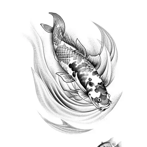 Koi Fish With Waves And Flower