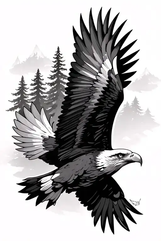 Eagle Flying With Pine Forest