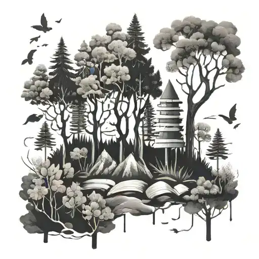 An Abstract Representation Of A Forest With Hidden Images Of Books And Pencils Among The Trees