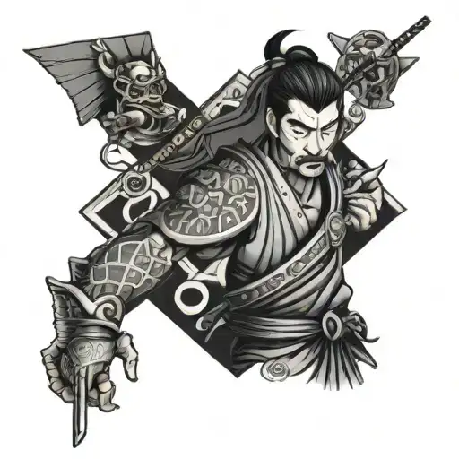 Japanese Neo Traditional Patchwork Tattoo Featuring Samurai