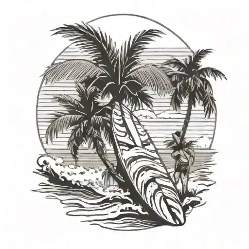 Palmetto Tree With Surf Board And Guy Sitting