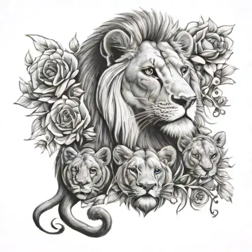 Mother Lion With 3 Welps And Flowers Blooming