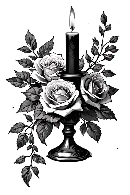 Give Me A Half-sleeve Tattoo Of A Lit Candlestick With A Bundle Of Roses In The Background