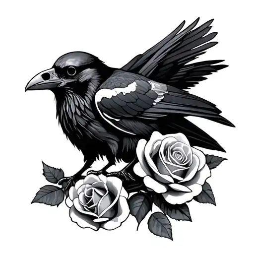 Skull Roses And Raven Sitting
