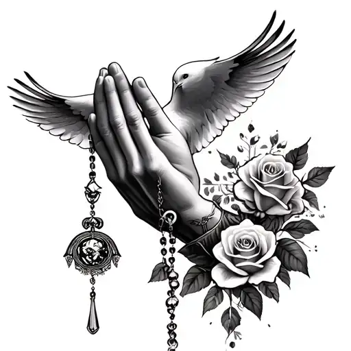 Praying Hands Holding Rosary With Doves And Roses Surrounding