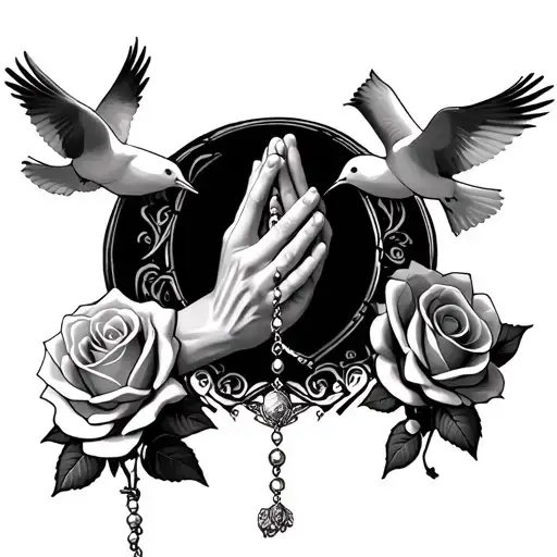 Praying Hands Holding Rosary With Doves And Roses Surrounding Shading